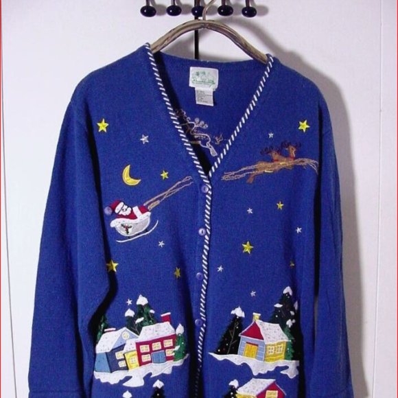 Vtg The Quaker Factory Women's Blue Christmas Button Sweater Sz 2XL